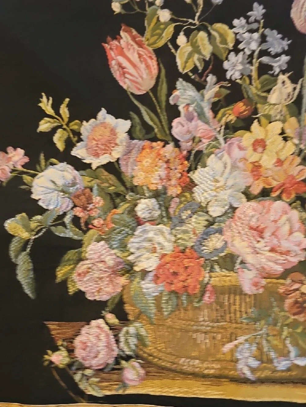 Vintage Black Tapestry Floral Basket Home Decor 70s Wall Hanging 27 X 25